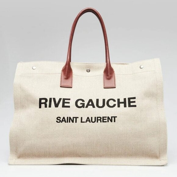 Yves Saint Laurent Natural Linen And Leather Rive Gauche Tote Bag - Picture 2 of 9